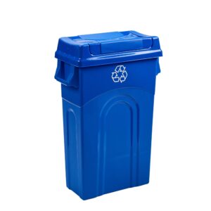 united solutions 23 gallon highboy plastic recycling bin kitchen trash can with lid, pass through handles, and dustpan edge, blue