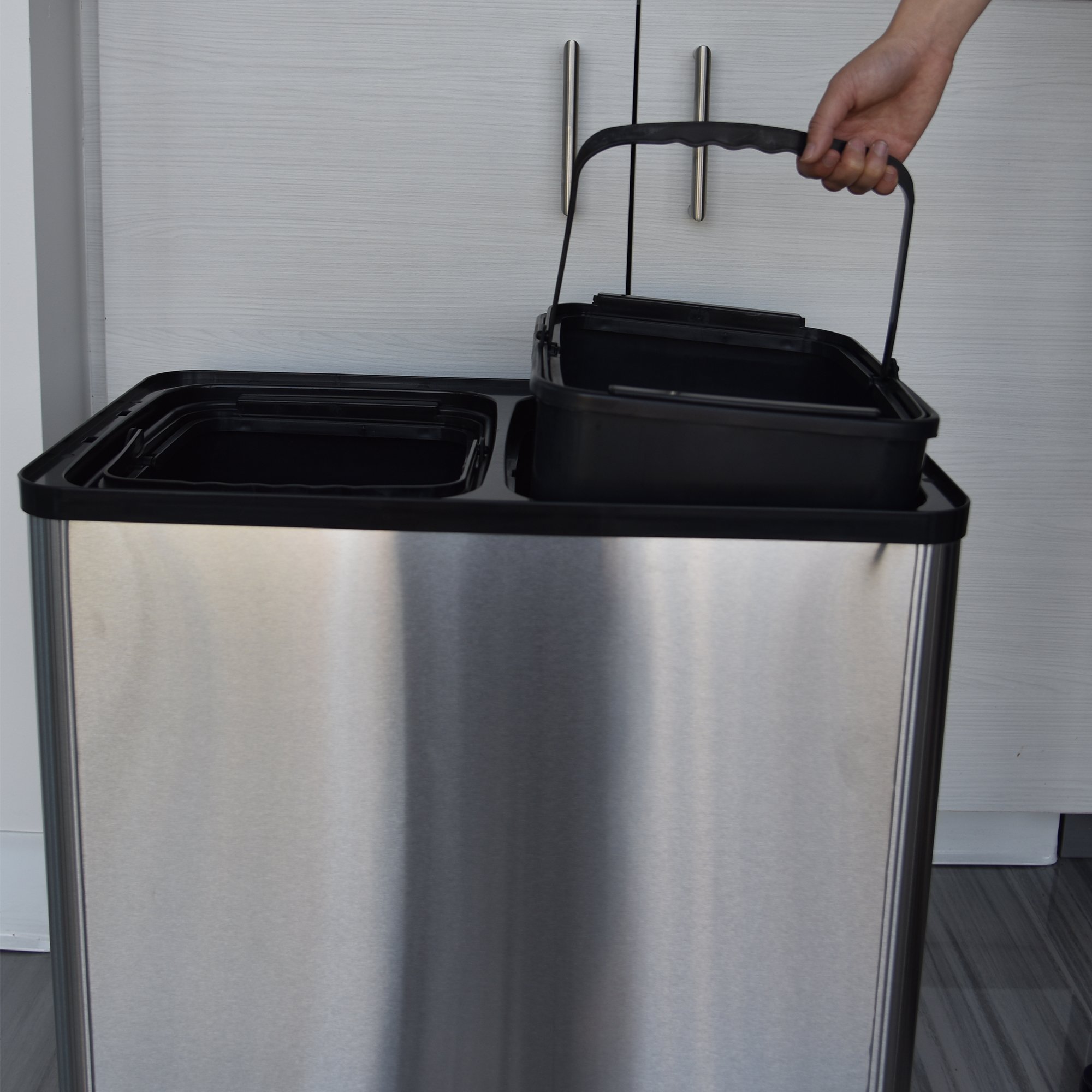 iTouchless Stainless Steel Dual-Compartment (8 Gallon Each) 60 Liter Kitchen Garbage Waste Solution 16 Gallon Touchless Sensor Trash Can/Recycle Bin