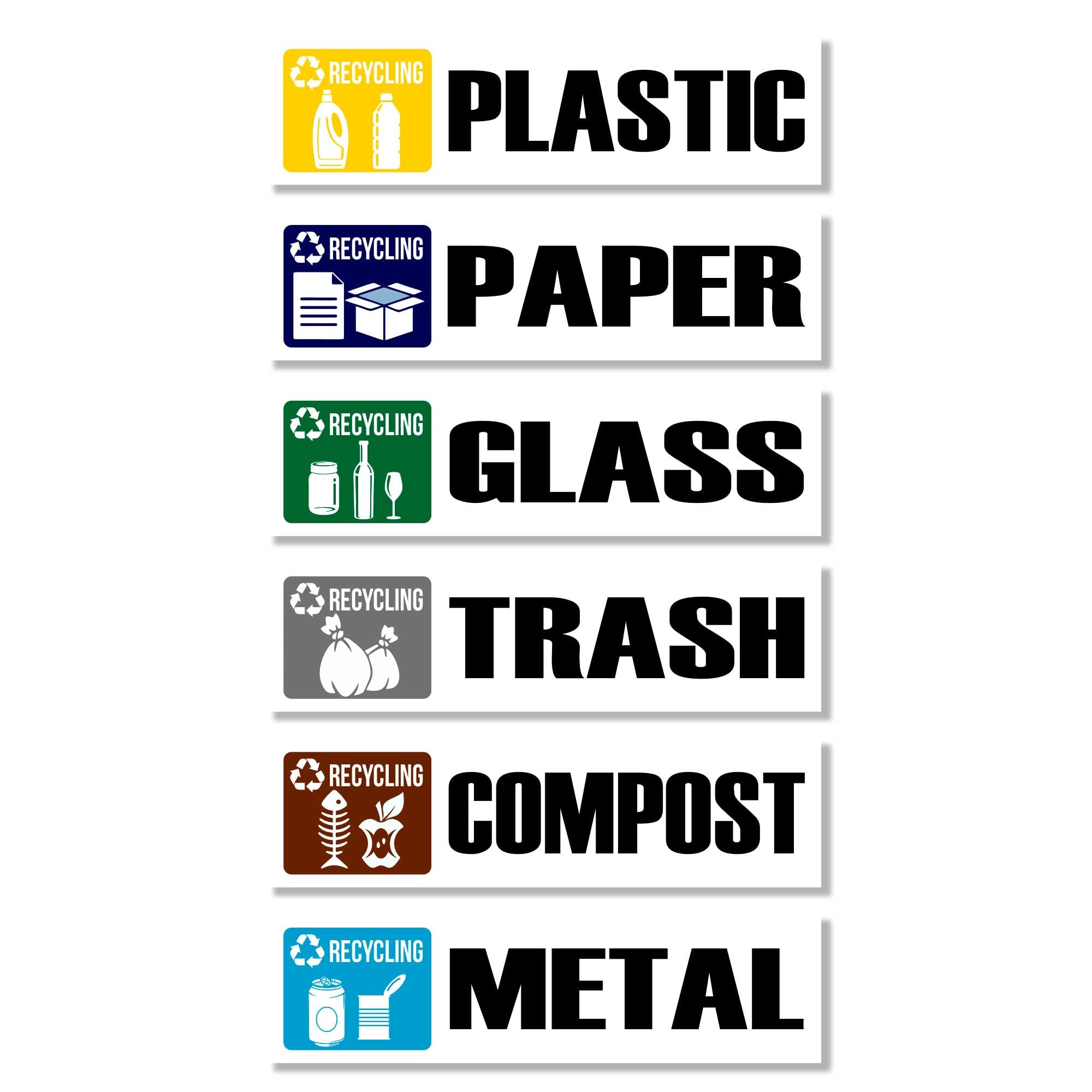 GamesMonkey® - Stickers Recycle for Trash Waste Bins Garbage Plastic Cans Compost Glass Metal Paper - Pack of 6 Adhesive - Vinyl Waterproof Washable Illustrated (5,9 in x 1,5 in - 15 cm x 4 cm, V1)