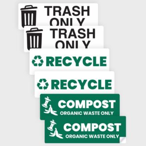 recycle trash compost sticker set – heavy-duty trash bin labels - 3-5 year indoor/outdoor rated - weather proof, ultra durable - usa made (6x2 inch), 2 labels of each, 6 total