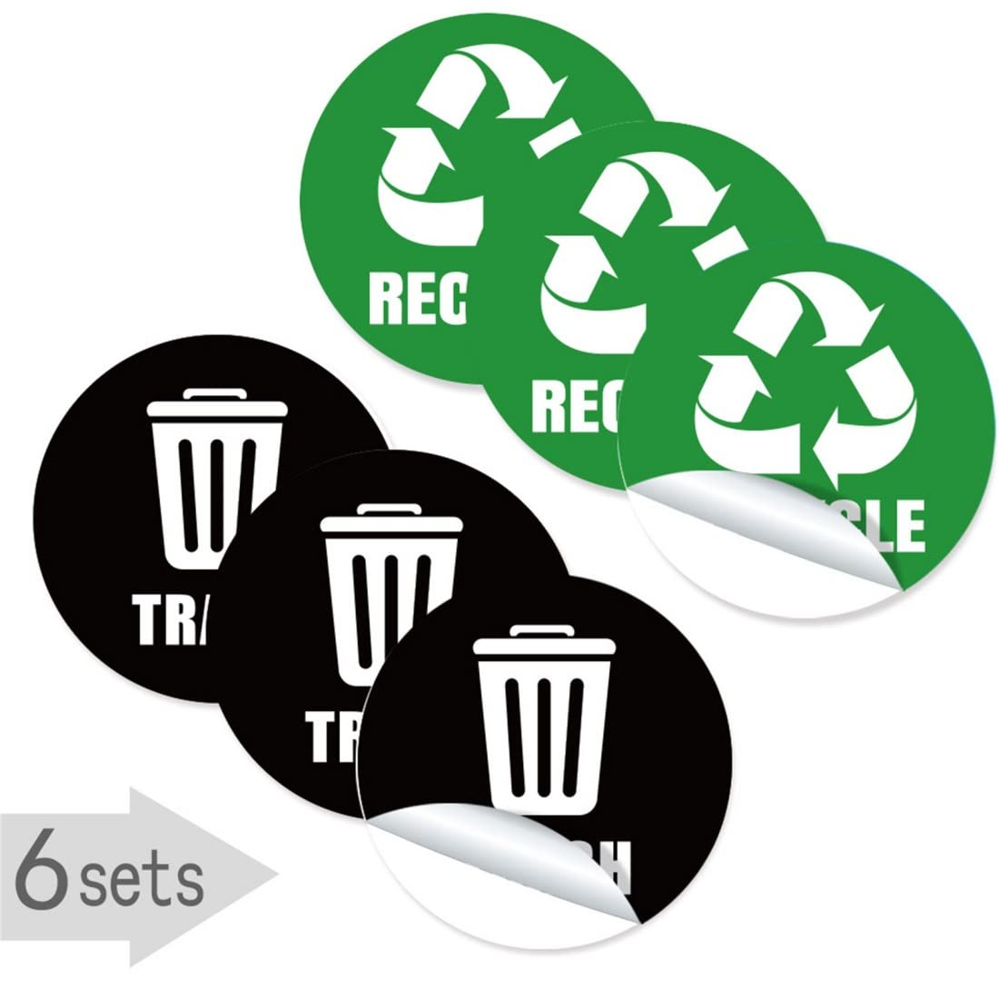 Vilehubju Recycle Sticker for Trash Can，6pcs Self Adhesive Trash Logo Sticker Waterproof PVC Trash Can Label for Trash Cans Garbage Containers Recycling Bins (Green, Black, 5 x 5 Inches Round)