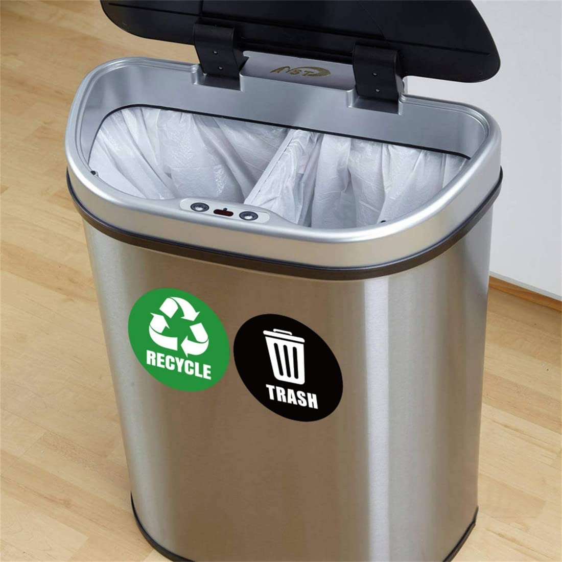 Vilehubju Recycle Sticker for Trash Can，6pcs Self Adhesive Trash Logo Sticker Waterproof PVC Trash Can Label for Trash Cans Garbage Containers Recycling Bins (Green, Black, 5 x 5 Inches Round)