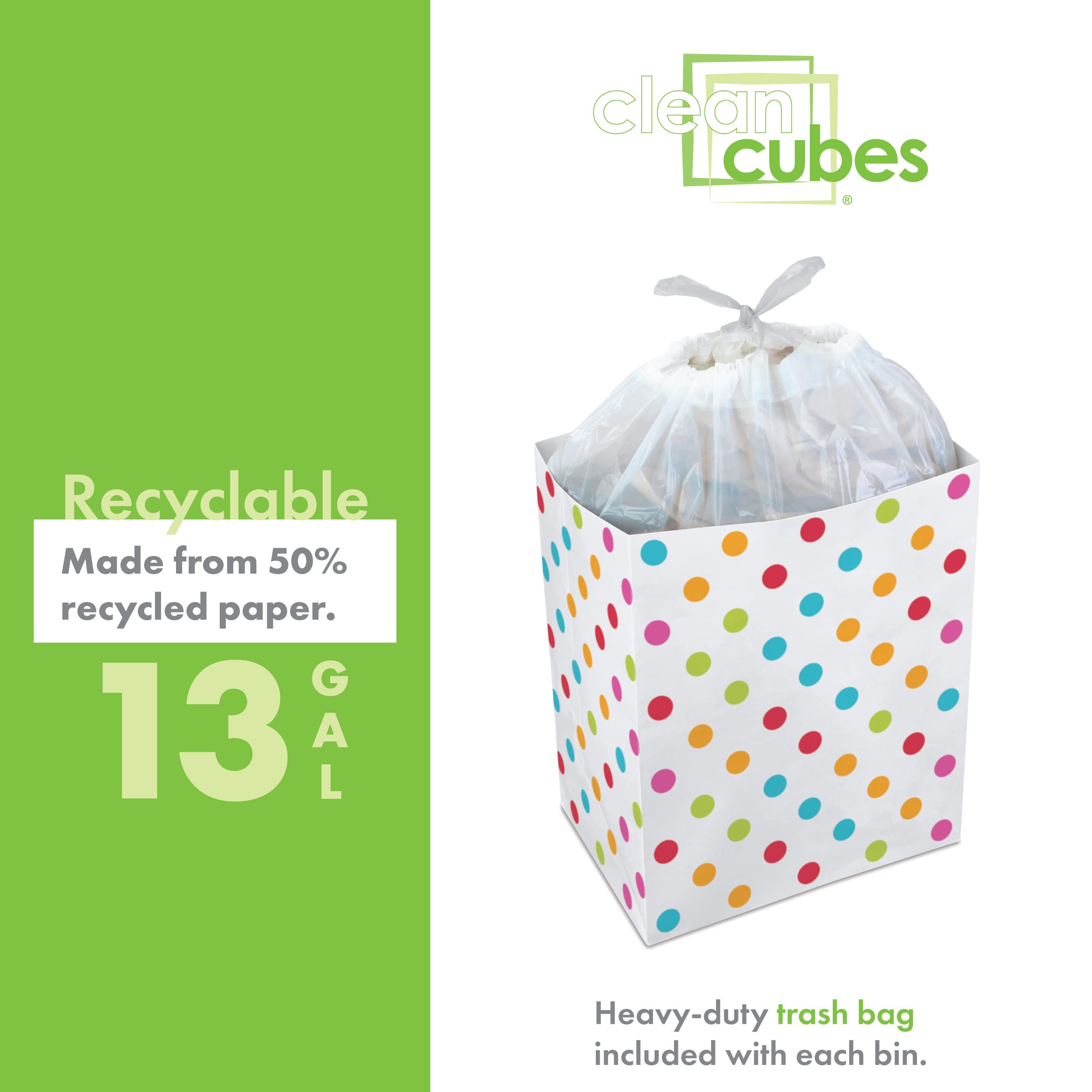 Clean Cubes 13 Gallon Disposable Trash Cans (3-Pack). Reusable Garbage and Recycling Bins for Parties, Events, and More (Polka Dot - 18" Tall x 14" Wide 10" Deep)