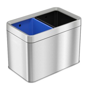 itouchless 5.3 gallon dual compartment slim open top waste bin for trash can & recycle container, 20 liter stainless steel wastebasket