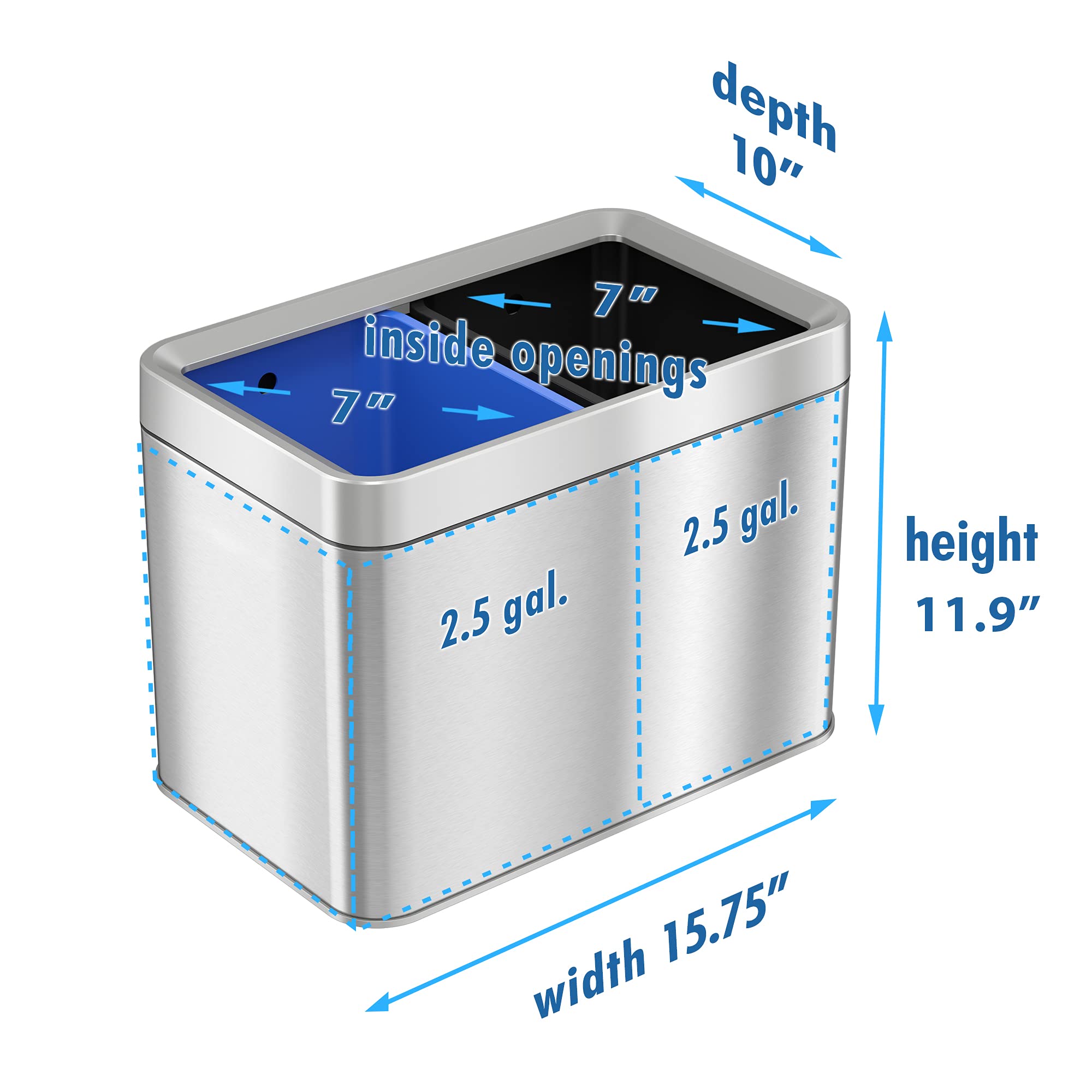 iTouchless 5.3 Gallon Dual Compartment Slim Open Top Waste Bin for Trash Can & Recycle Container, 20 Liter Stainless Steel Wastebasket