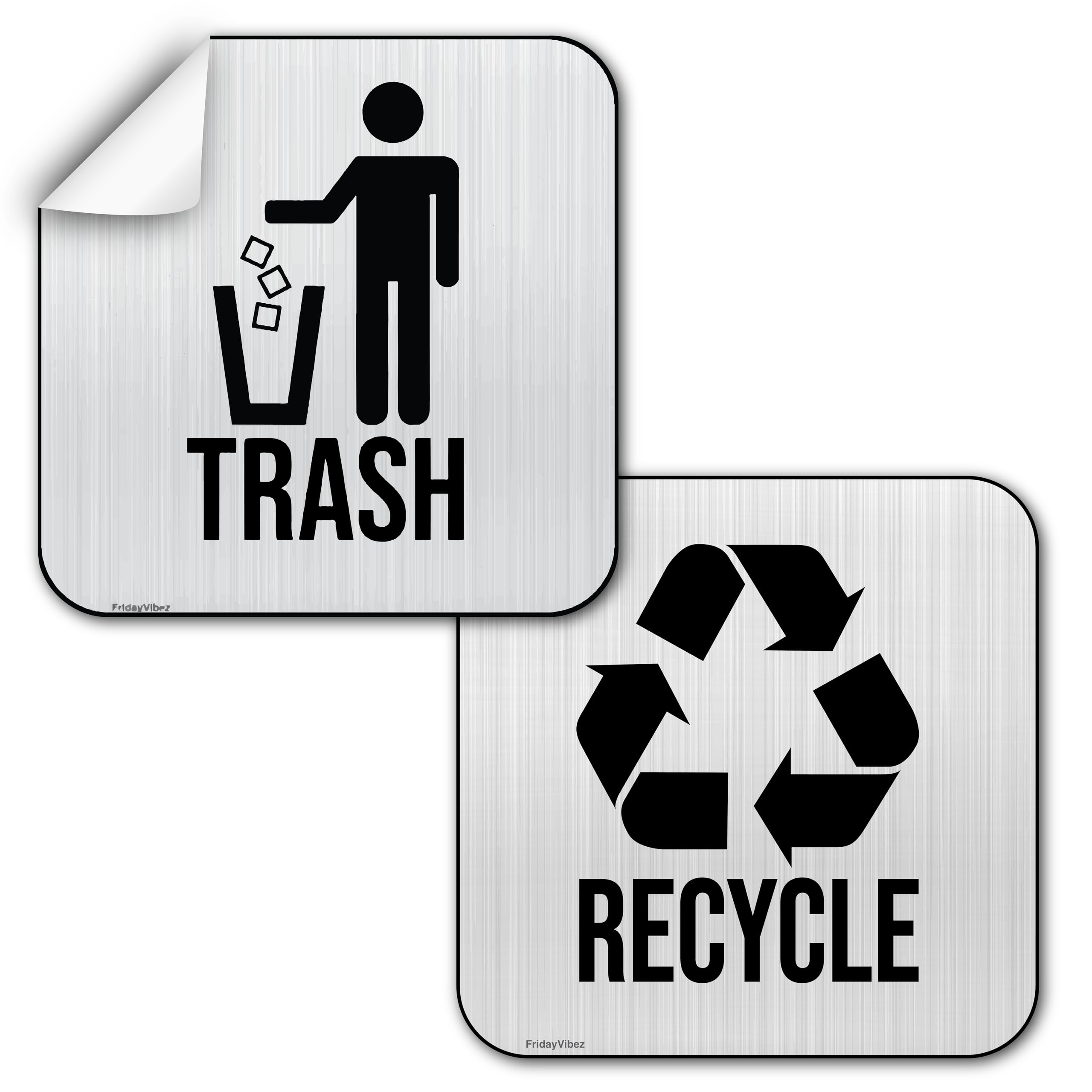 Recycle and Trash Stickers for Kitchen Trash Cans and Recycling Bins, Indoor Trash and Recycle Sticker Combo for Garbage Can Logo Symbol, 2 Decal Adhesives, 6.5 x 6.5 Inch Square Metallic Decals