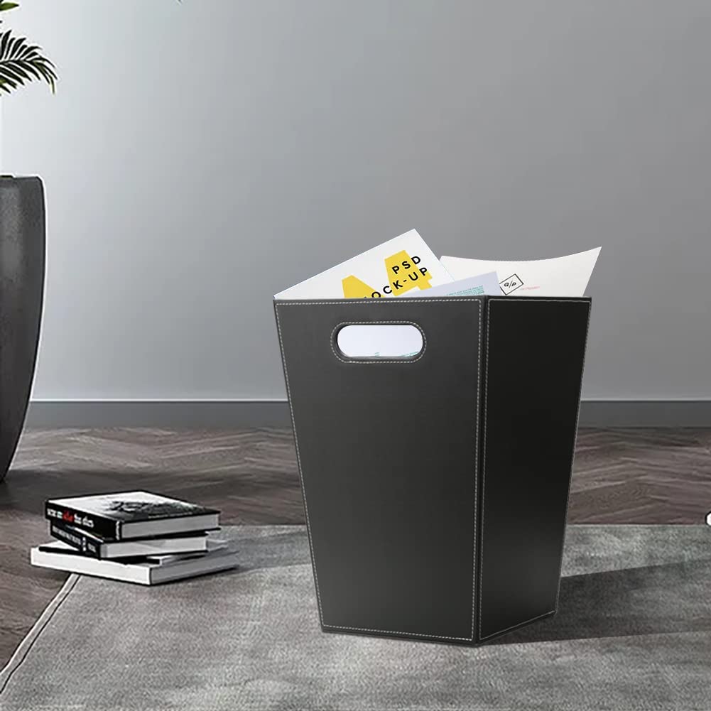 KINGFOM Classic Pu Leather Trash Can Wastebasket, Garbage Container Bin with Handles for Bathrooms, Powder Rooms, Kitchens, Home, Office and and High Class Hotel Square Black