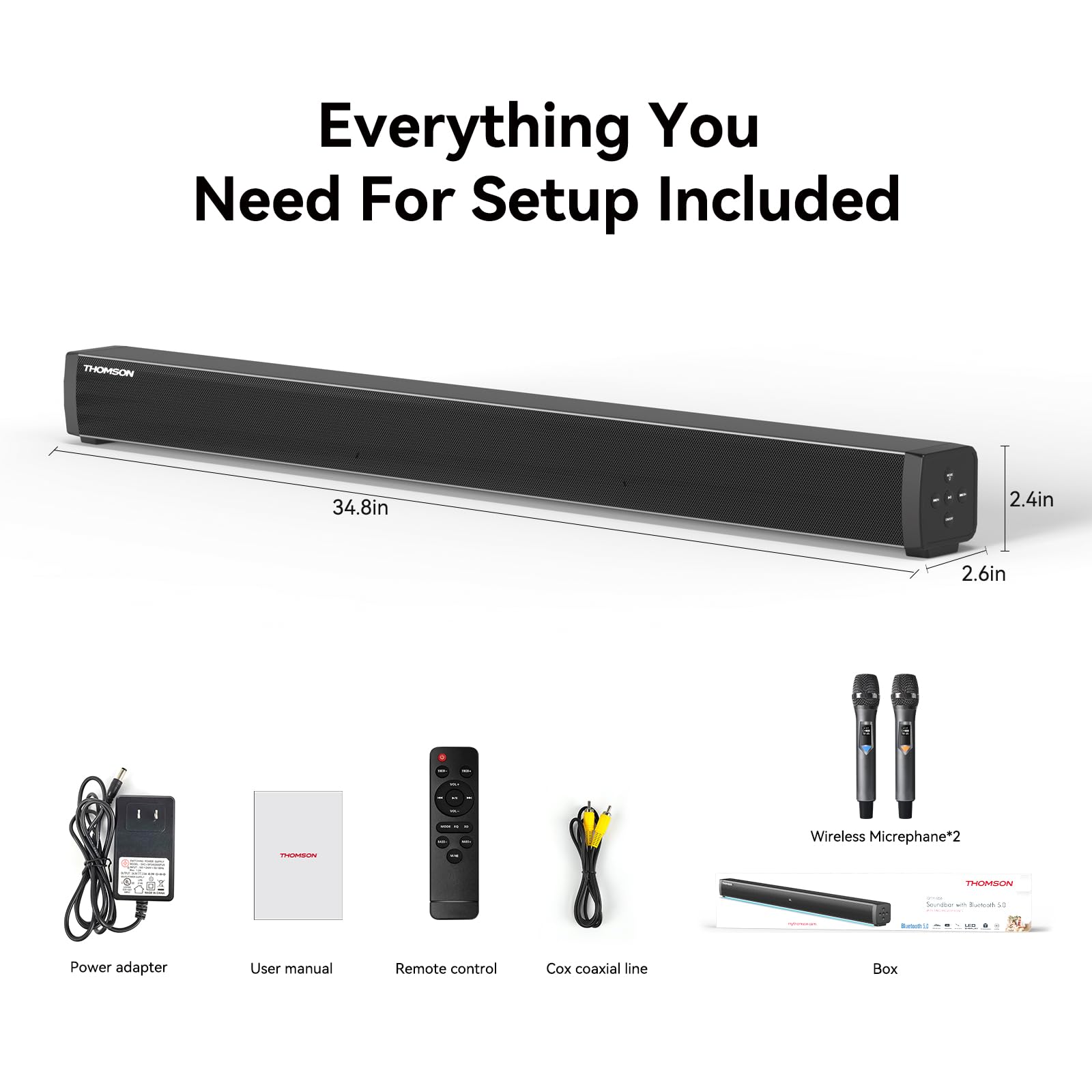 Thomson Sound Bars for TV, HiFi TV Speakers Home Theater Soundbar with 2 Wireless Microphones, Surround Stereo Sound System with HDMI ARC/Optical/AUX/USB, Wall Mountable, Remote Control Included