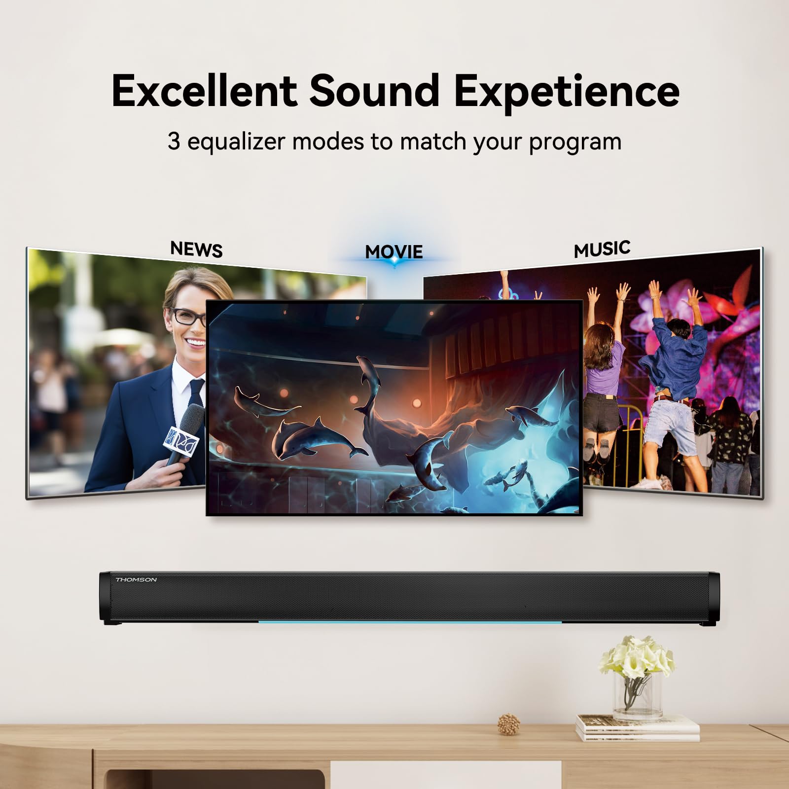 Thomson Sound Bars for TV, HiFi TV Speakers Home Theater Soundbar with 2 Wireless Microphones, Surround Stereo Sound System with HDMI ARC/Optical/AUX/USB, Wall Mountable, Remote Control Included