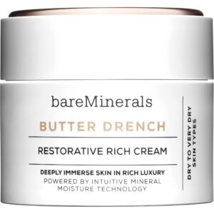 bareminerals butter drench restorative rich face cream, hydrating face lotion, helps skin retain moisture, soothes dry skin, non-comedogenic, vegan