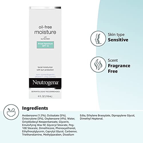 Neutrogena Oil Free Daily Long Lasting Facial Moisturizer & Neck Cream - Non Greasy, Oil Free Moisturizer Won't Clog Pores - SPF 15 Sunscreen & Glycerin, 4 fl. oz (Pack of 2)