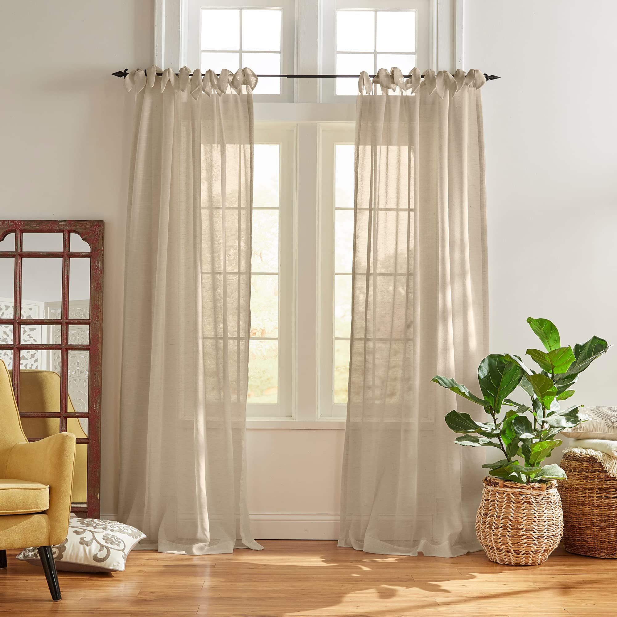 Elrene Home Fashions Vienna Sheer Tie-Top Window-Curtain Panel, 52 in x 84 in (1 Panel), Flax