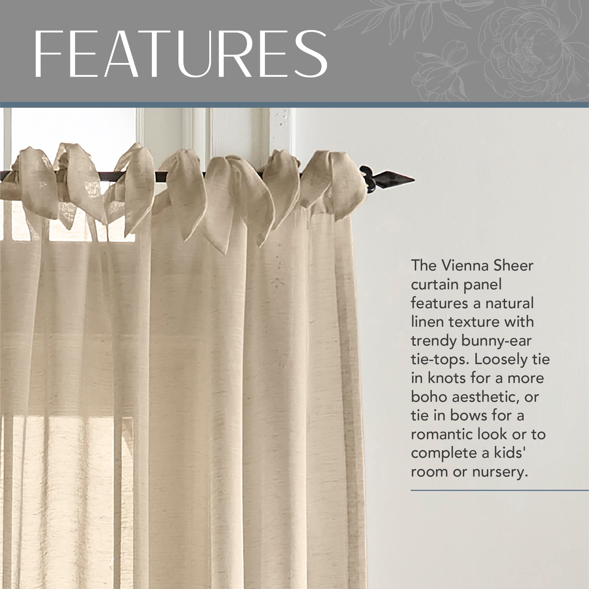 Elrene Home Fashions Vienna Sheer Tie-Top Window-Curtain Panel, 52 in x 84 in (1 Panel), Flax