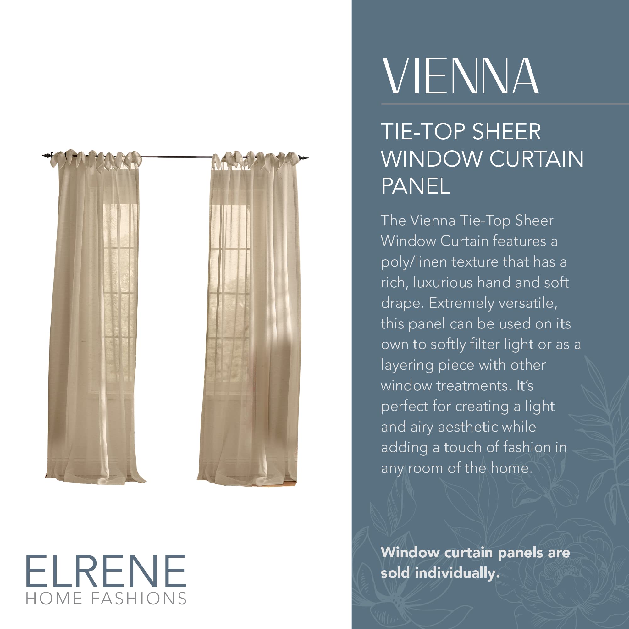 Elrene Home Fashions Vienna Sheer Tie-Top Window-Curtain Panel, 52 in x 84 in (1 Panel), Flax