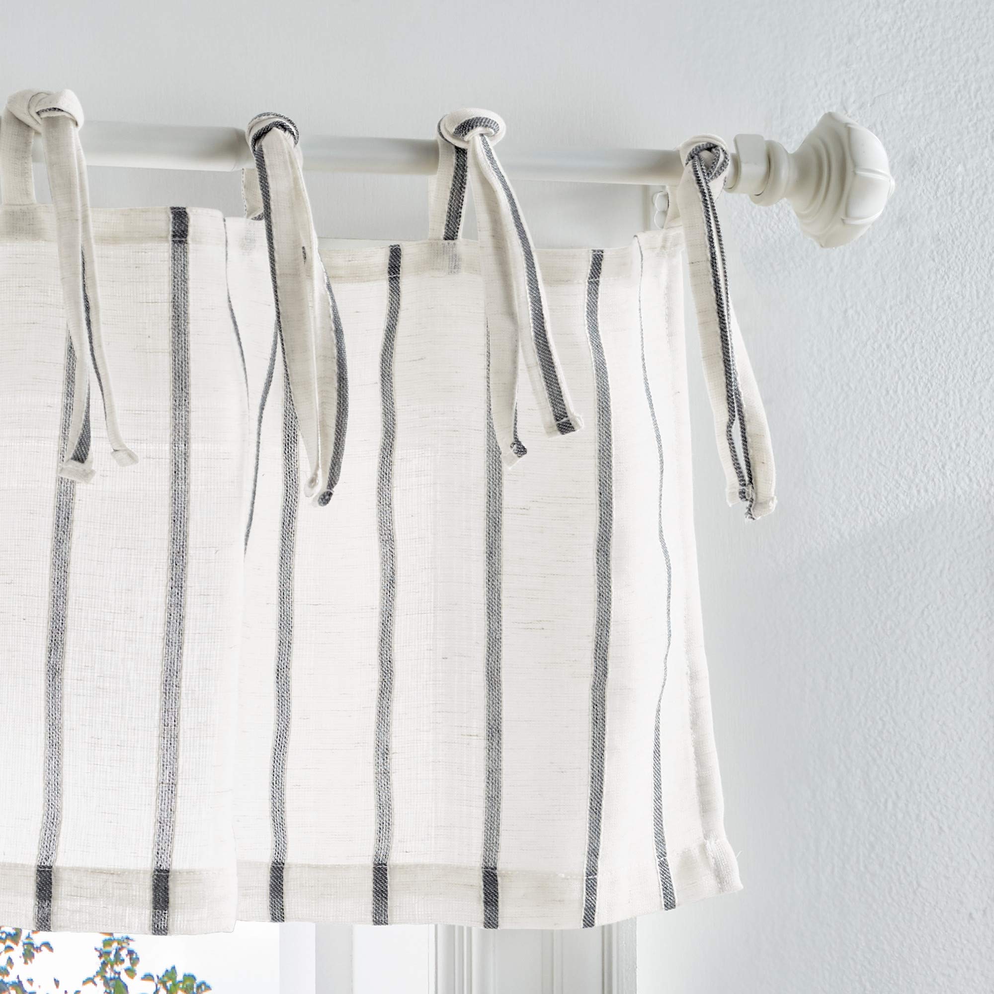 Martha Stewart Laguna Stripe Semi-Sheer Tie Tab Window Curtain Valance and Tiers Set, Grey