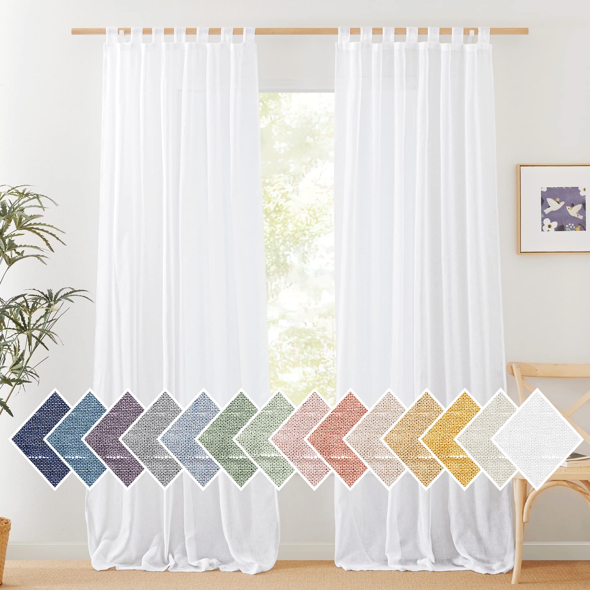 NICETOWN White Linen Curtains 84 inch Length, Tab Top Soft Semi Sheer Flax Window Treatments Privacy with Light Filtering Vertical Drapes for Bedroom/Living Room, W52 x L84, 2 Panels