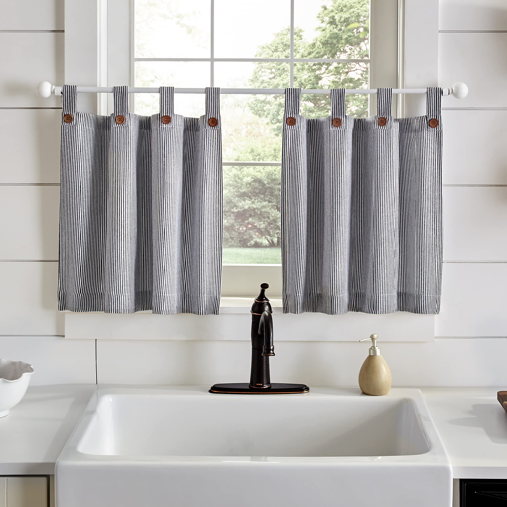 Elrene Home Fashions Tucker Ticking Stripe Tier Window Curtains for Kitchen or Bathroom, 30" x 24", Set of 2, Gray