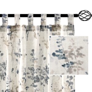 h.versailtex linen sheer curtains for living room sheer panels 63 inches long light filtering tab top window treatment drapes for bedroom, bluestone and taupe vintage classical floral print, 2 panels