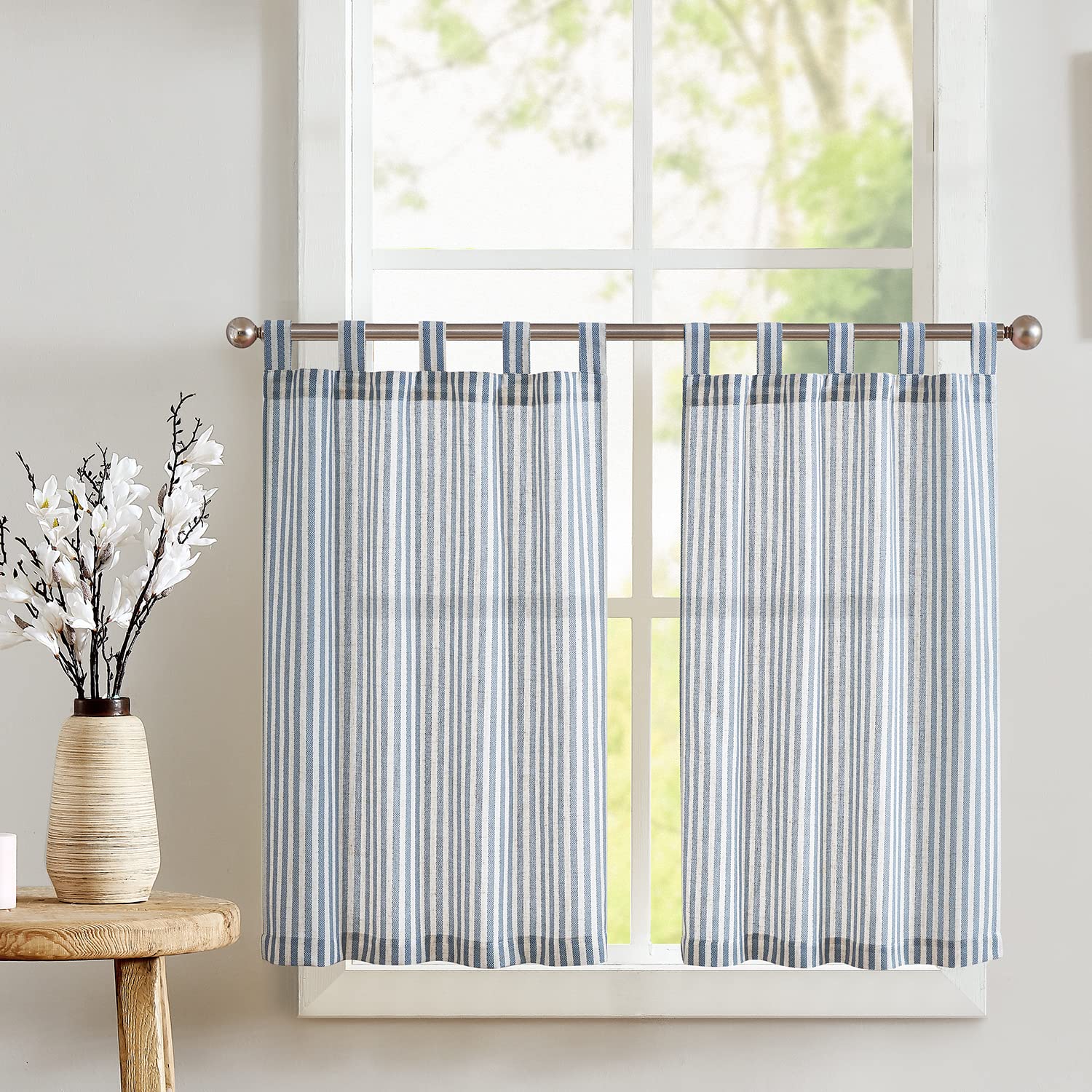 jinchan Kitchen Curtains Linen Striped Tier Curtains 24 Inch Length Ticking Stripe Cafe Curtains Pinstripe Farmhouse Small Window Curtains Tab Top for Living Room Bathroom RV 2 Panels Blue on Beige