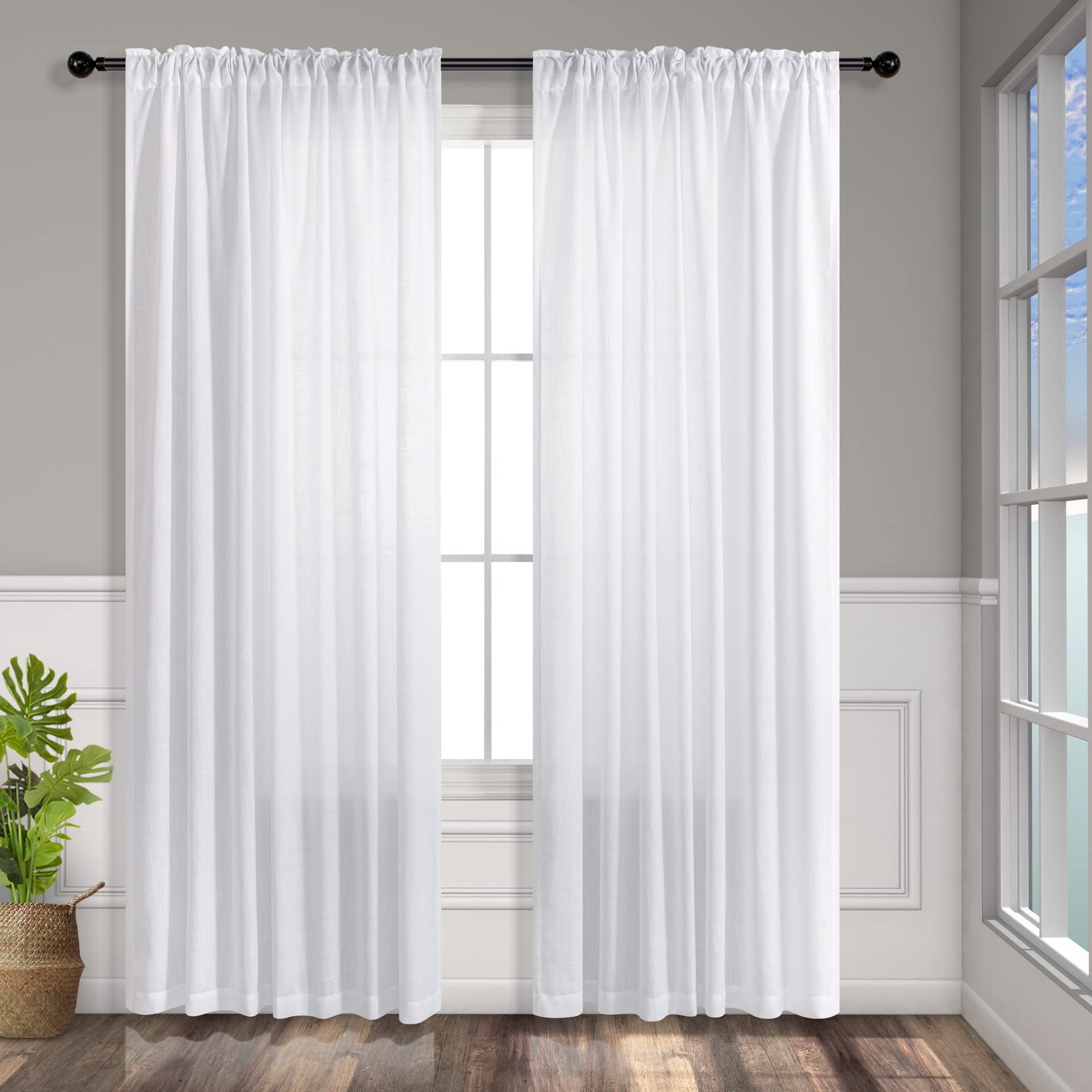 White Back Tab Curtains 45 Inch Length for Kitchen 2 Panels Set Pocket Light Reducing Semi Sheer Cotton Look Casual Woven Textured Short Cafe Tier Curtains for Bathroom Bedroom Dining Room 52x45 Long