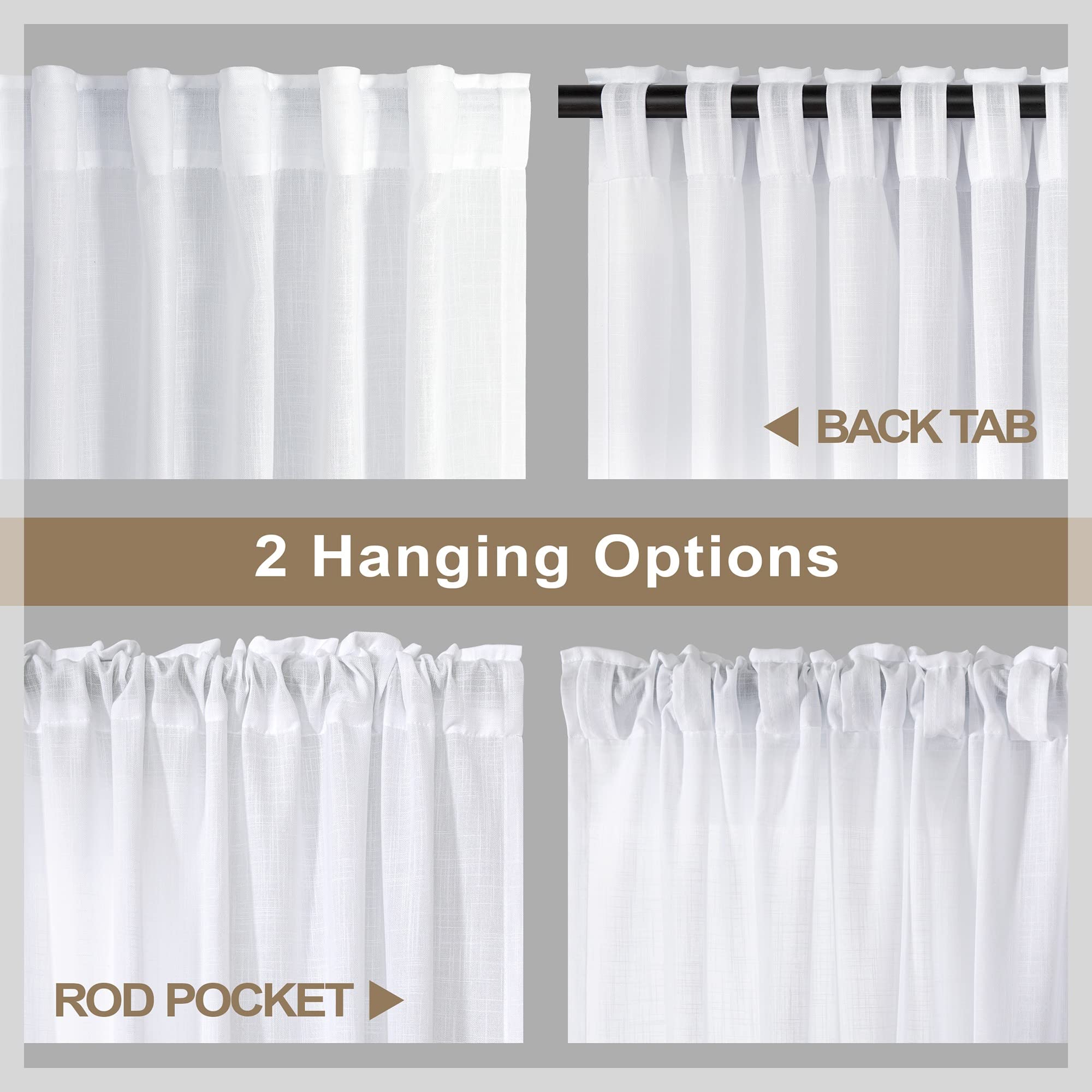 White Back Tab Curtains 45 Inch Length for Kitchen 2 Panels Set Pocket Light Reducing Semi Sheer Cotton Look Casual Woven Textured Short Cafe Tier Curtains for Bathroom Bedroom Dining Room 52x45 Long