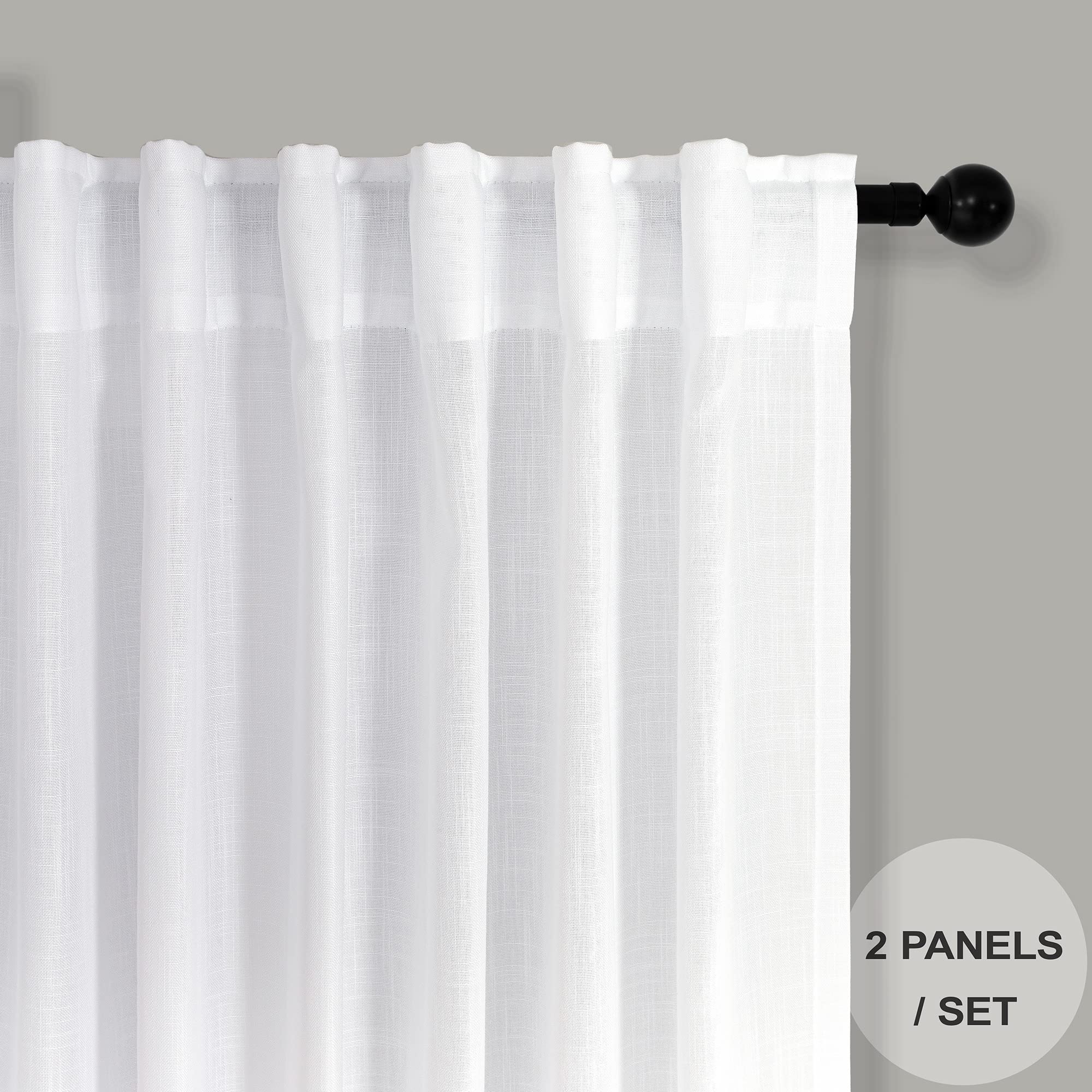 White Back Tab Curtains 45 Inch Length for Kitchen 2 Panels Set Pocket Light Reducing Semi Sheer Cotton Look Casual Woven Textured Short Cafe Tier Curtains for Bathroom Bedroom Dining Room 52x45 Long