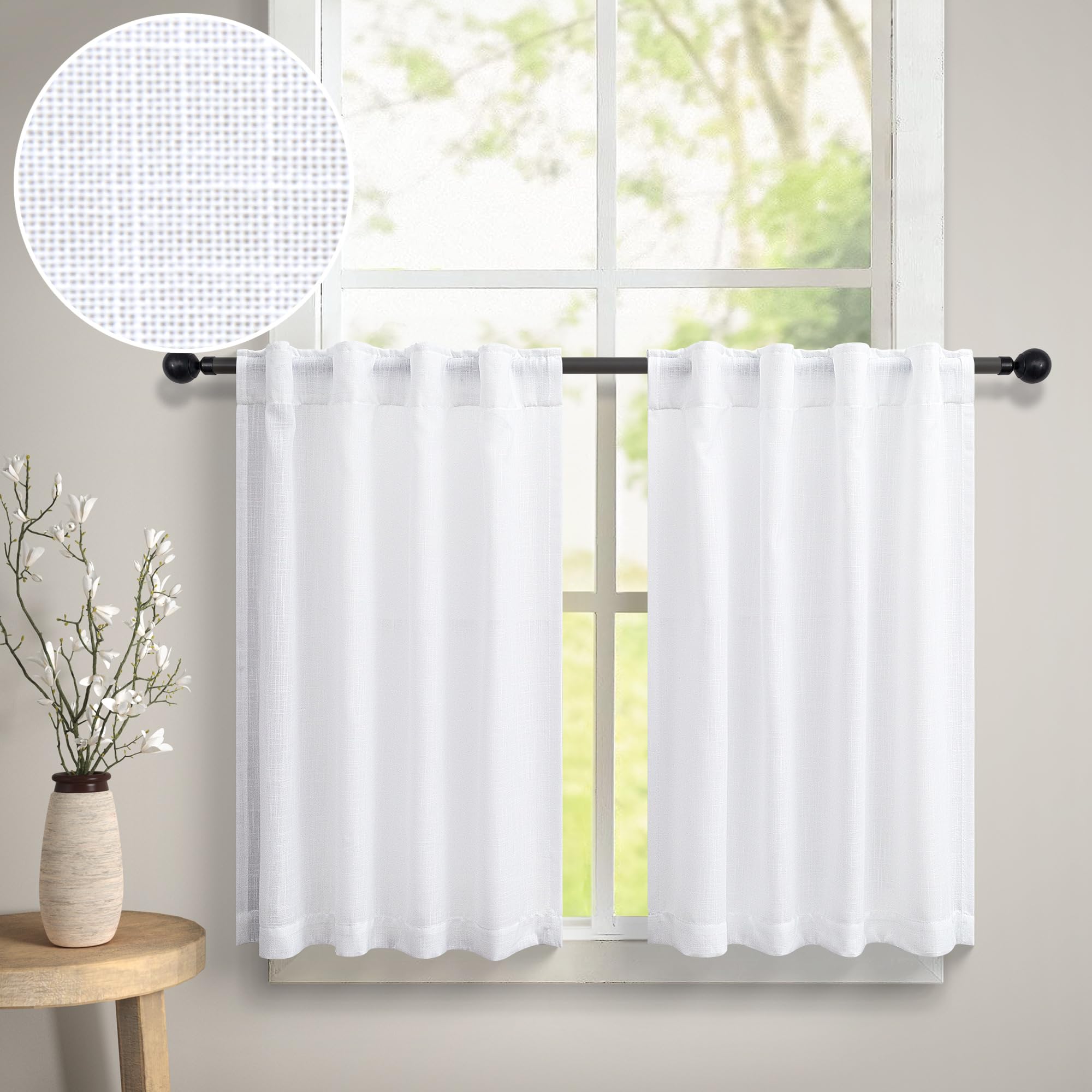 White Kitchen Cafe Curtains 24 Inch Length for Small Window Treatments 2 Panels Set Back Tab Pocket Top Tier Curtains Semi Sheer Linen Short Bathroom Curtains for Closet Door Coverings 30x24 Long