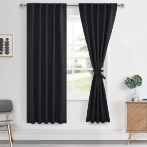 hiasan back tab and rod pocket blackout curtains sewn with tiebacks - thermal insulated room darkening curtains for bedroom 42x63 inch, black, 2 panels