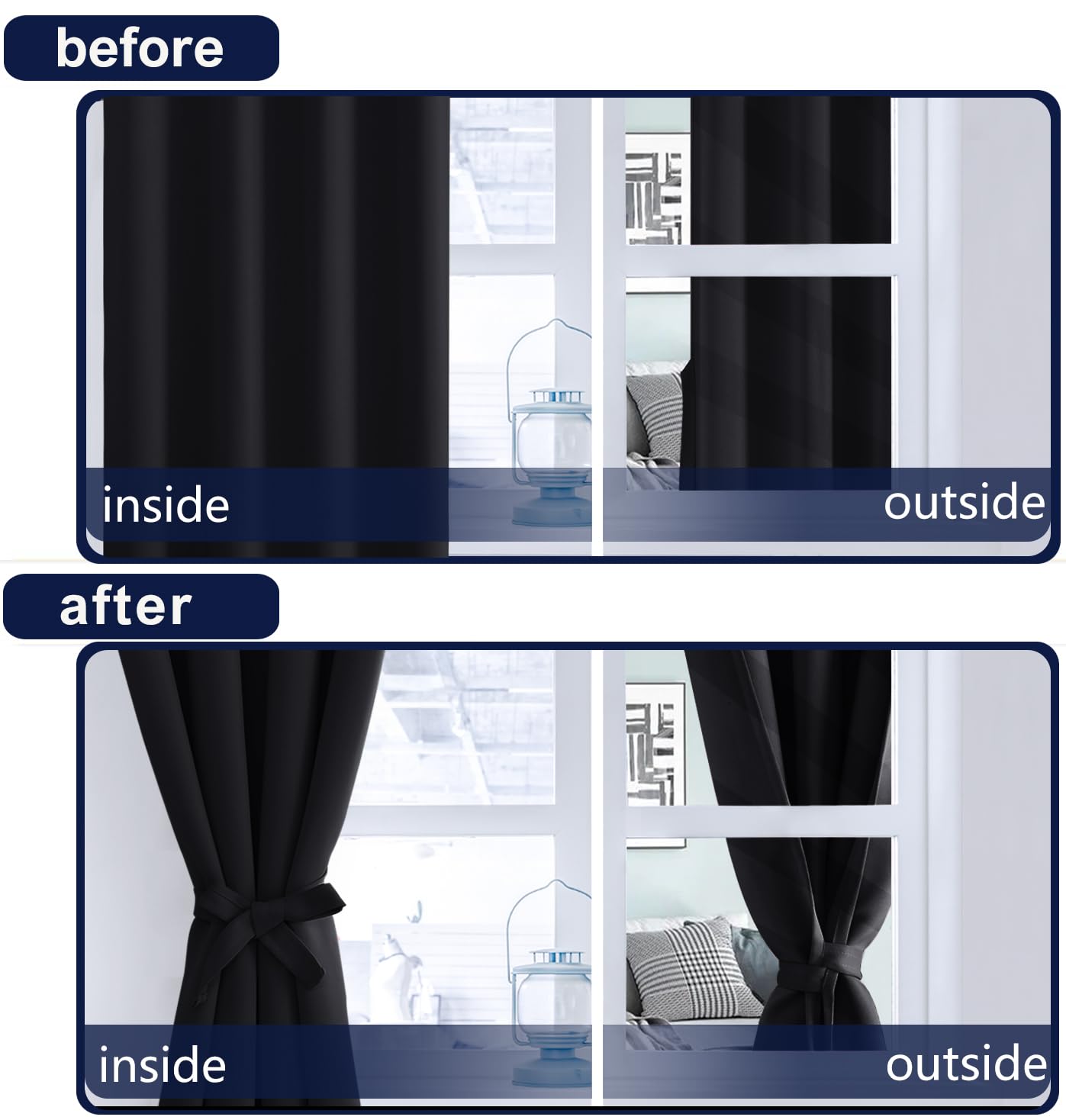 Hiasan Back Tab and Rod Pocket Blackout Curtains Sewn with Tiebacks - Thermal Insulated Room Darkening Curtains for Bedroom 42x63 Inch, Black, 2 Panels