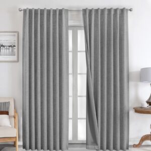 Joydeco 100% Blackout Curtains 108 inches Long Natural Linen Drapes 2 Panels Set Burg for Bedroom Living Room Black Out Darkening Curtain Thermal Insulated Back tab Rod Pocket(52x108 inch,Light Grey)