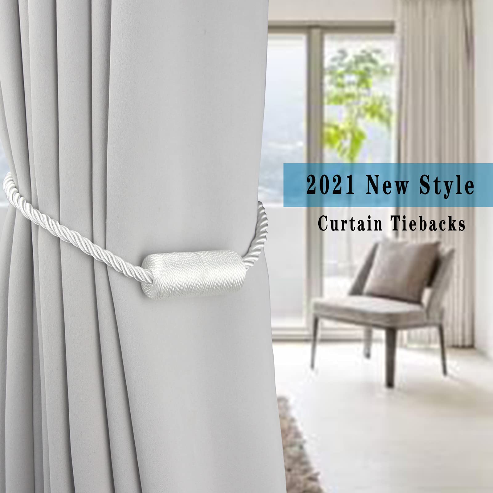 Porlau 2 Pack White Strong Magnetic Curtain Tiebacks Outdoor Elegant Decorative Tie Backs Modern Rope Tiebacks for Drapes Window Curtain Holdbacks for Draperies