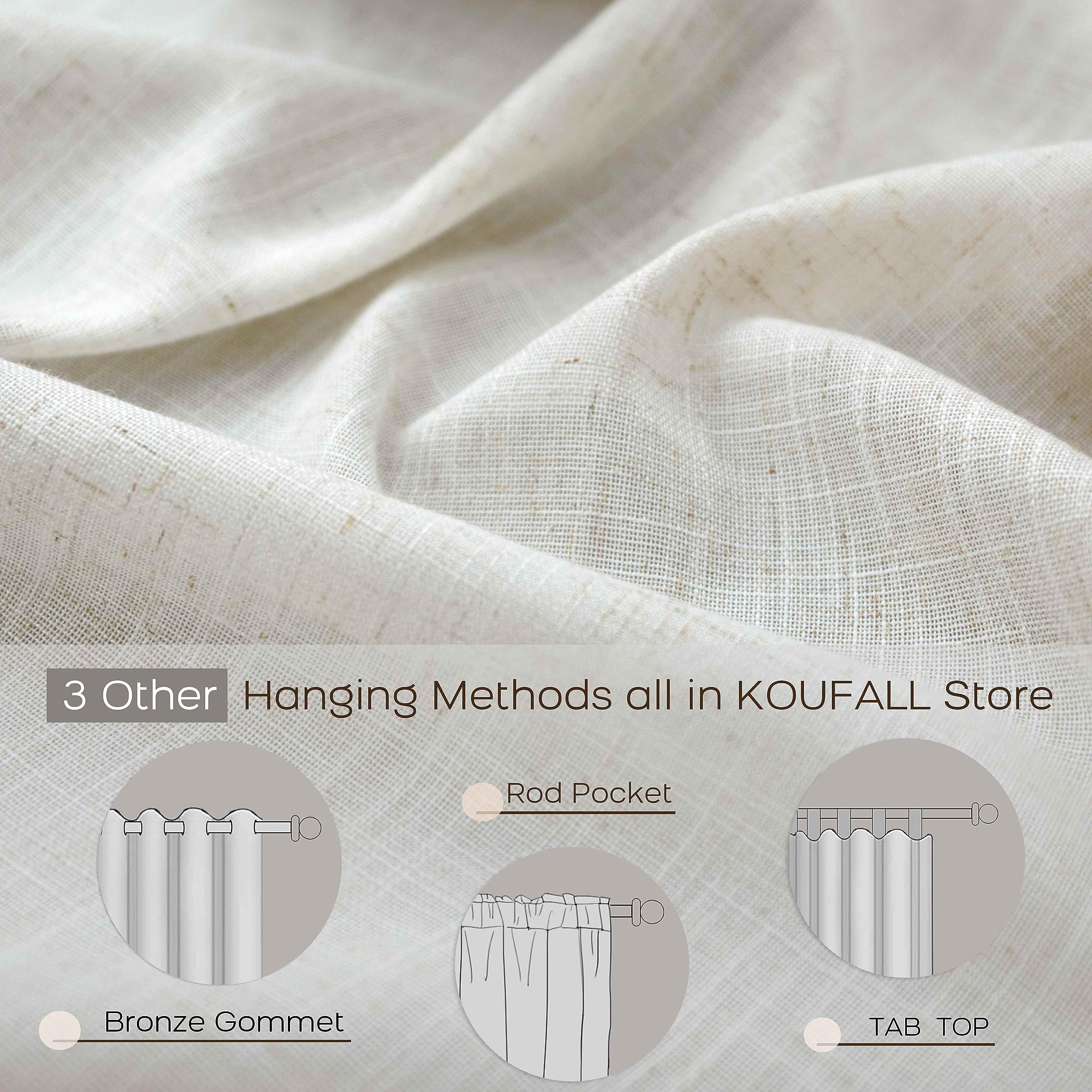 KOUFALL Natural Linen Curtains 86 Inch Length for Living Room, Cream Ivory Back Tab Rod Pocket Light Filtering Semi Sheer Curtain for Bedroom Set of 2 Panels