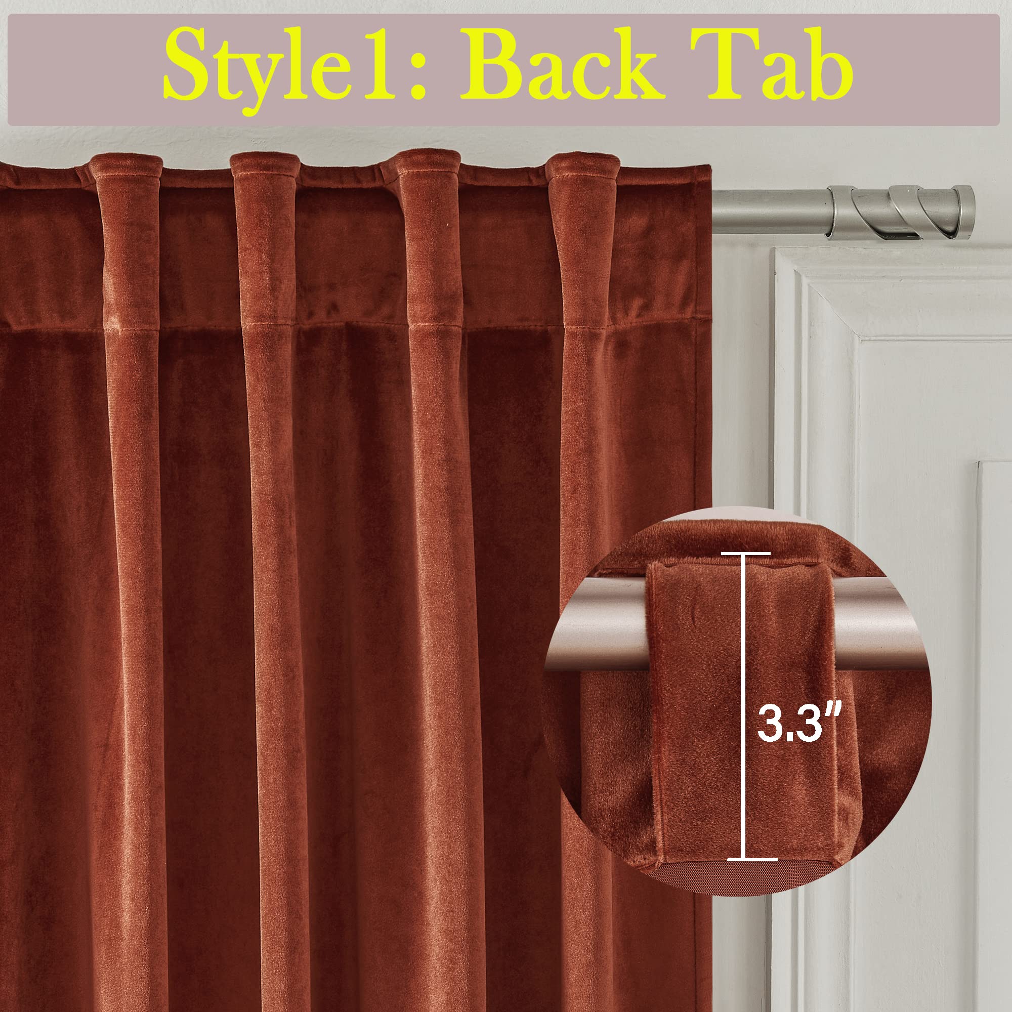 Timeper Red Velvet Curtains 96 inches - Holiday Decor Rust Velvet Curtains Back Tab Blackout Drapes Thick Soft Decorative Backdrop Curtains, Rust Red, W52 x L96, 2 Panels