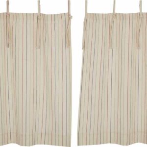 Betsy Stripe Tie Top Tier Curtains, Set of 2, 24" L x 36" W, Farmhouse, Country, Patriotic, Primitive Americana Style Tab Café Curtains