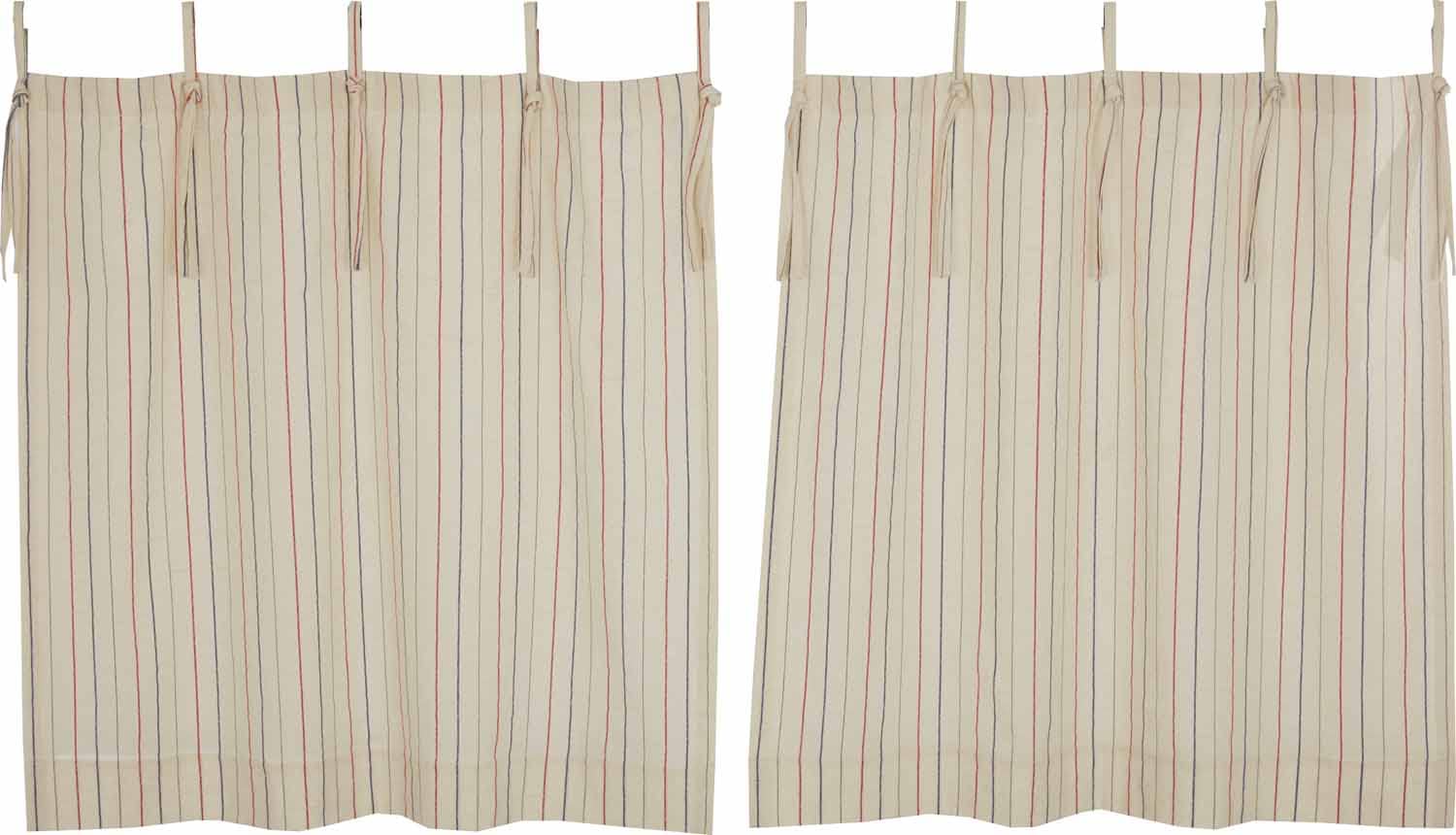 Betsy Stripe Tie Top Tier Curtains, Set of 2, 24" L x 36" W, Farmhouse, Country, Patriotic, Primitive Americana Style Tab Café Curtains