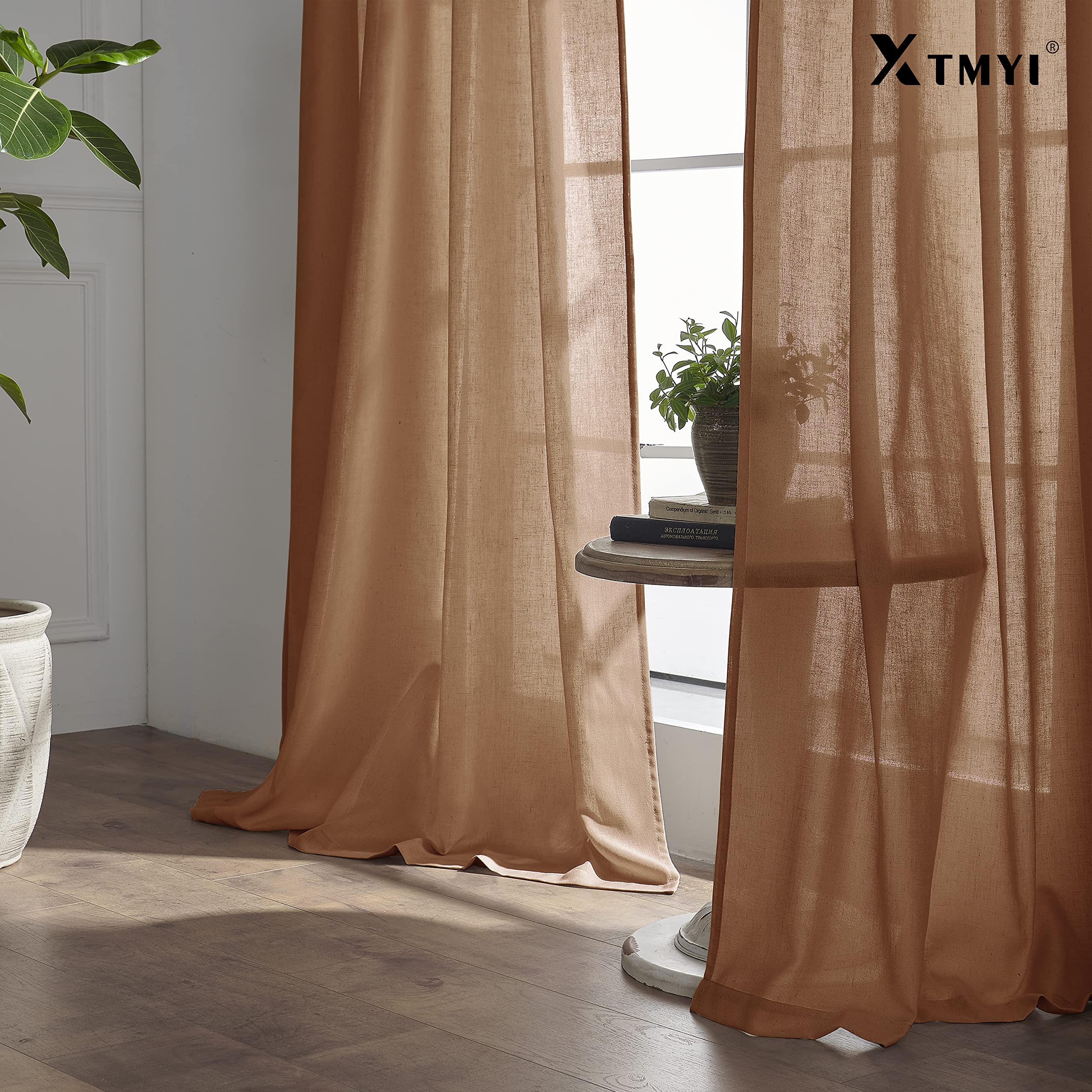 XTMYI Bohemian Rustic Curtains for Living Room Decor 2 Panel Set Linen Cotton Sheer Back Tab Hooks Pleated Fall Curtains for Bedroom Window,Pale Copper Rust Terracotta,96 Inch Long