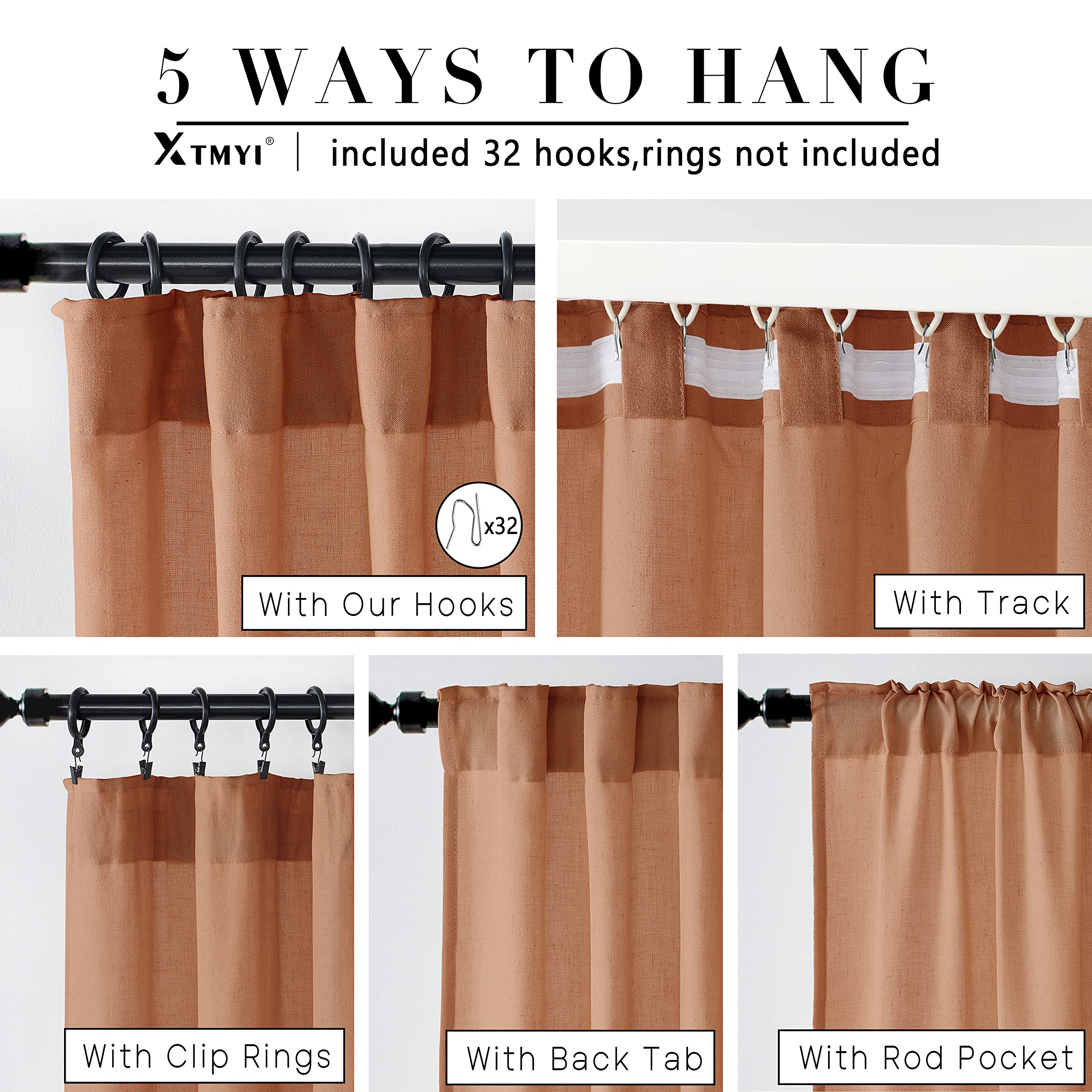 XTMYI Bohemian Rustic Curtains for Living Room Decor 2 Panel Set Linen Cotton Sheer Back Tab Hooks Pleated Fall Curtains for Bedroom Window,Pale Copper Rust Terracotta,96 Inch Long