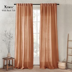 XTMYI Bohemian Rustic Curtains for Living Room Decor 2 Panel Set Linen Cotton Sheer Back Tab Hooks Pleated Fall Curtains for Bedroom Window,Pale Copper Rust Terracotta,96 Inch Long