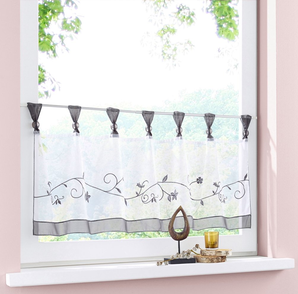 ZebraSmile Embroidered Window Tier Curtain Tier Semi Sheer Curtain Window Treatment Tab Top Voile Window Curtain Tier Half Window Curtains for kitchen Bathroom Living Room Cafe Curtain 18X47.5In