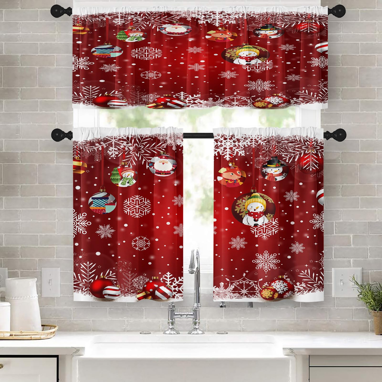 Tayney Christmas Kitchen Curtains Red Window Curtains and Valances Set 36 Inch, Snowflakes Cute Xmas Ball Short Tier Curtains for Kitchen, Funny Small Kitchen Decor