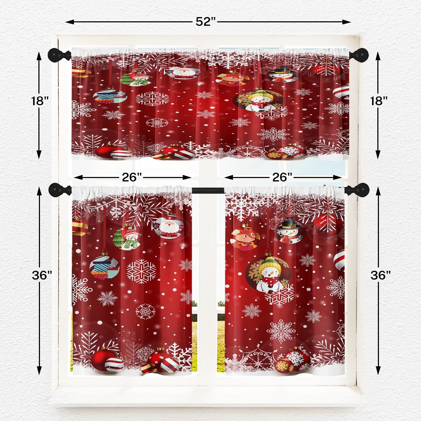 Tayney Christmas Kitchen Curtains Red Window Curtains and Valances Set 36 Inch, Snowflakes Cute Xmas Ball Short Tier Curtains for Kitchen, Funny Small Kitchen Decor