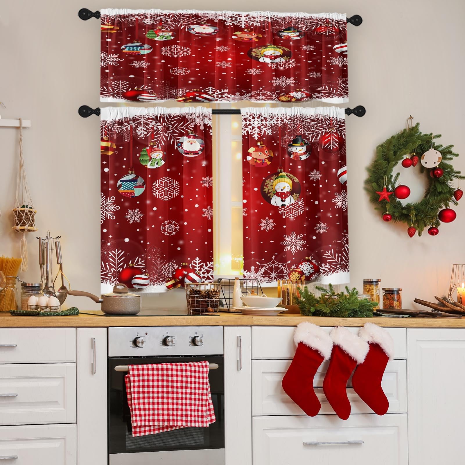 Tayney Christmas Kitchen Curtains Red Window Curtains and Valances Set 36 Inch, Snowflakes Cute Xmas Ball Short Tier Curtains for Kitchen, Funny Small Kitchen Decor