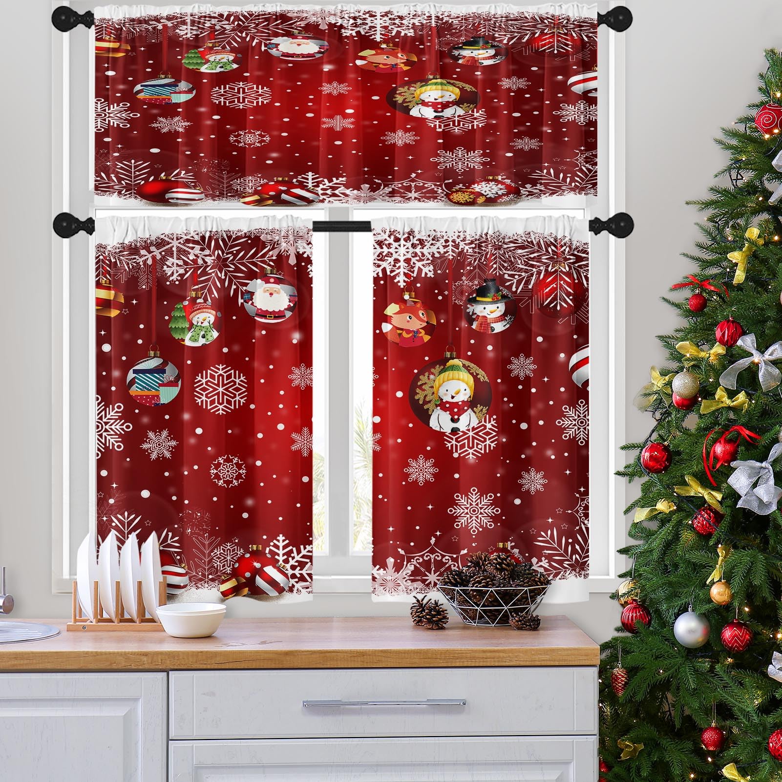 Tayney Christmas Kitchen Curtains Red Window Curtains and Valances Set 36 Inch, Snowflakes Cute Xmas Ball Short Tier Curtains for Kitchen, Funny Small Kitchen Decor