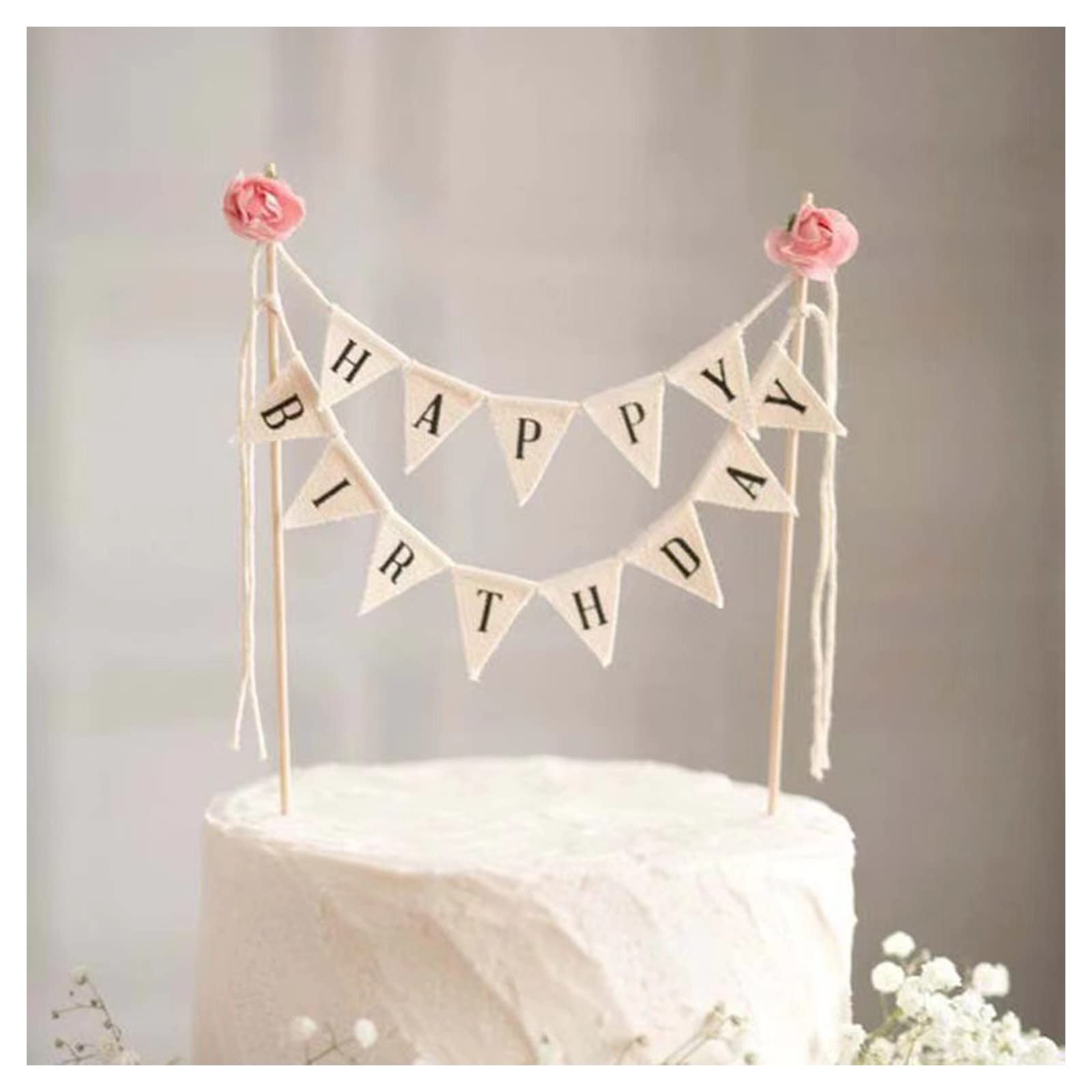 Happy Birthday Cake Bunting Topper Cake Topper Garland, Handmade Pennant Flags with Wood Pole Ivory (With Pink Rose)