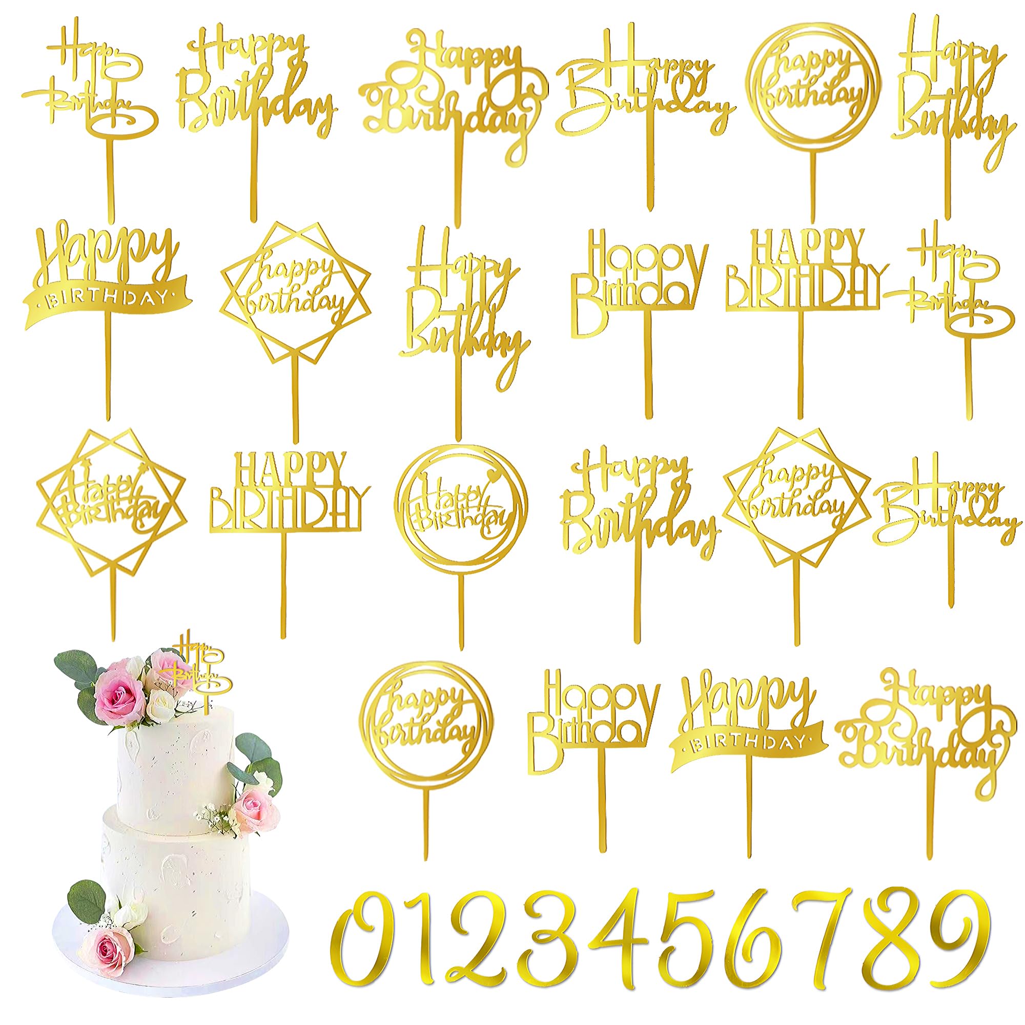 50 PCS Gold Happy Birthday Cake Topper Acrylic Birthday Cupcake Topper Pick for Birthday Party Cake Desserts Pastries Decorations (Gold)