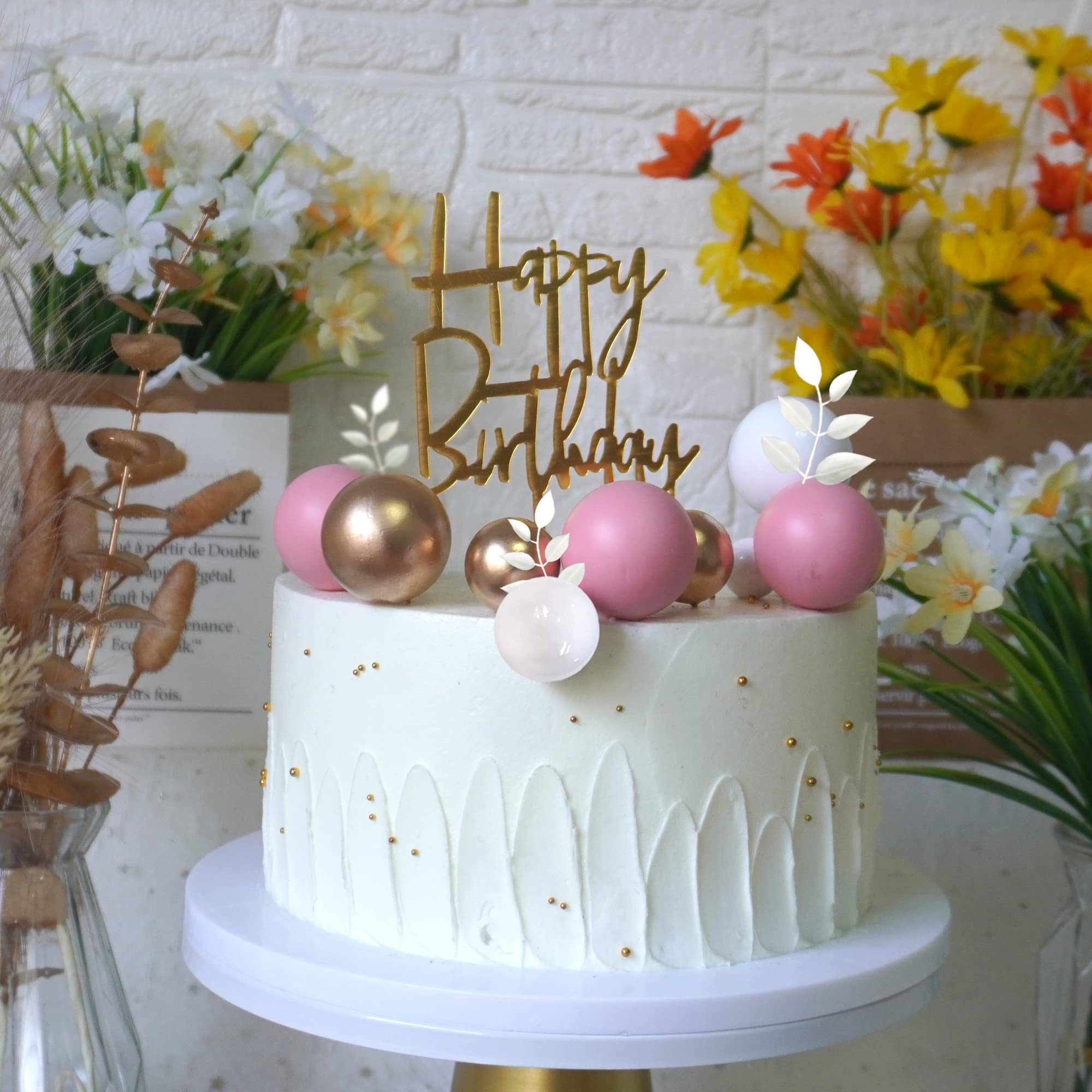 Pink Balls Cake Topper Boho Grass Cake topper Pink White Gold Pearl Balls Happy Birthday Cake Decorations for Wedding Baby Shower Birthday Boho Themed Party Supplies (Pink)