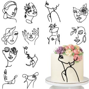 12 pcs acrylic lady face cake topper minimalist art happy birthday cake toppers women wedding cake decoration for wedding birthday party (black)