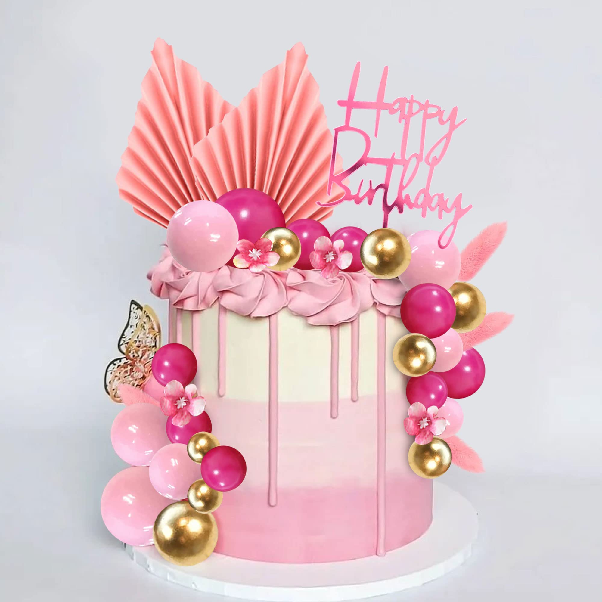 29 PCS Flower Boho Cake Topper Balls Cake Decorations with Hot Pink and Gold Balls Palm Leaves Artificial Plants for Wedding Baby Shower Oh Baby Boys Girls Birthday Themed Party Supplies (Hot Pink)