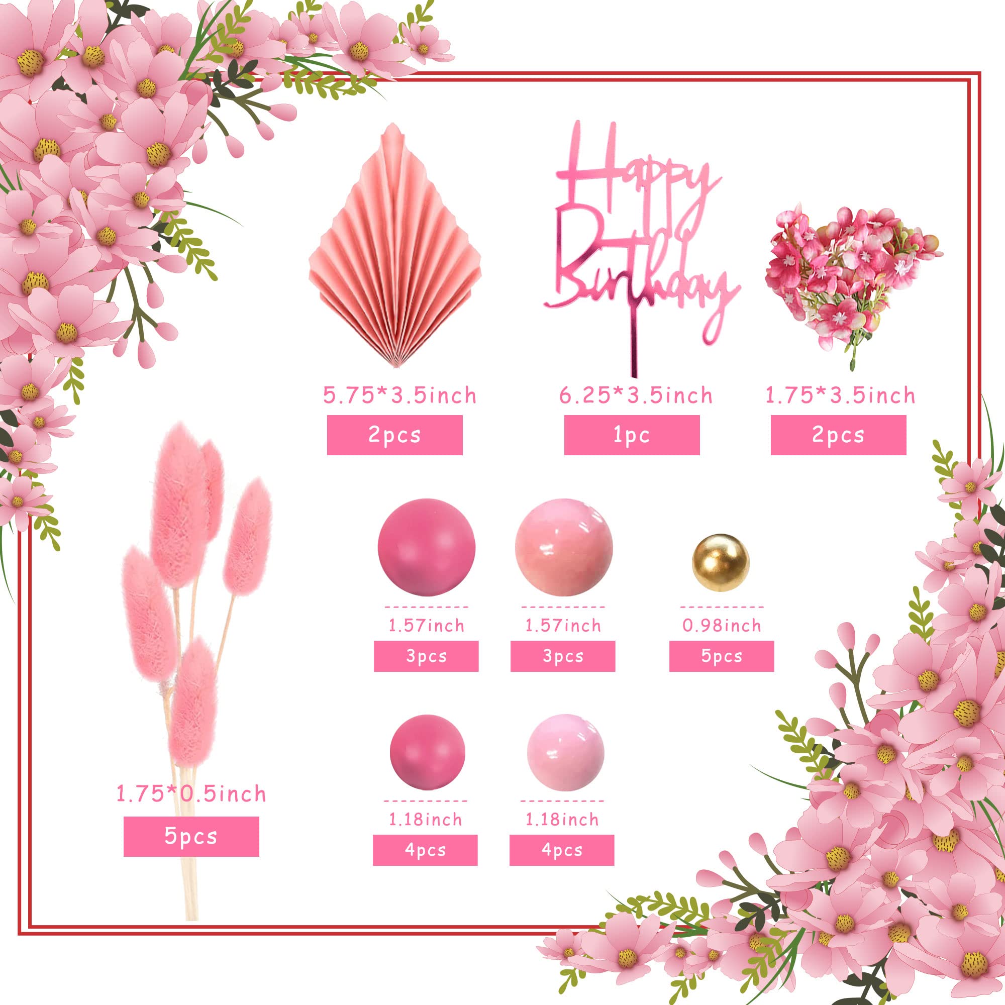 29 PCS Flower Boho Cake Topper Balls Cake Decorations with Hot Pink and Gold Balls Palm Leaves Artificial Plants for Wedding Baby Shower Oh Baby Boys Girls Birthday Themed Party Supplies (Hot Pink)