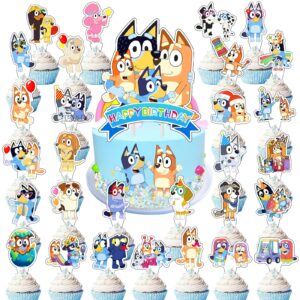 30PCS Blue Dog Cake Cupcake Topper Decorations Cartoon Dog Happy Birthday Party Supplies for Kids Party Favors